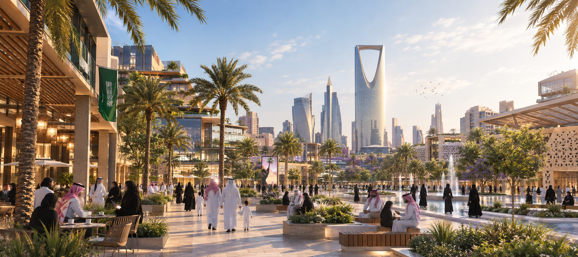 Riyadh boulevard with palm trees and the Kingdom Centre skyline